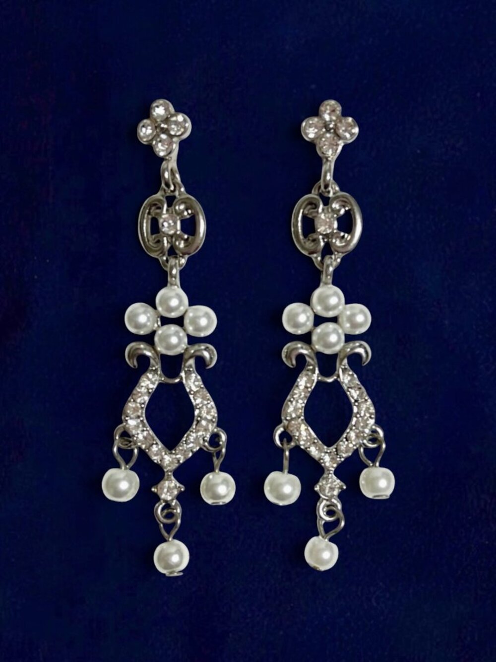 Imitation Pearl Chandelier Earrings Rhinestone Dangle Art Nouveau Style Romantic